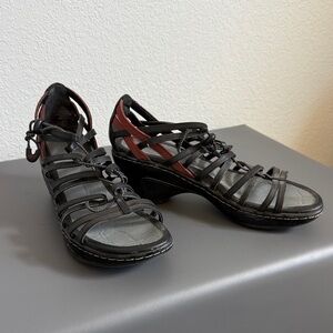 Jambu Black Strappy Heeled Sandals with Red Accents